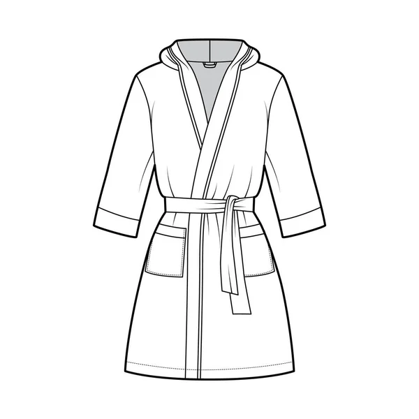 Bathrobe hooded Dressing gown technical fashion illustration with wrap opening, mini length, tie, pocket, elbow sleeves — Stock Vector