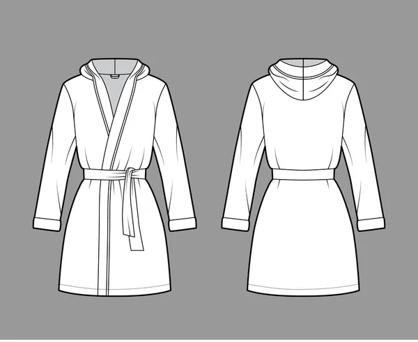 Халат с капюшоном Платье Халат Техническая мода иллюстрация с открытием упаковки, мини-длина, негабариты, галстук, длинные рукава — стоковый вектор