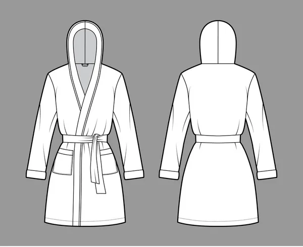 Hooded Badjas Dressing toga technische mode illustratie met wrap opening, mini lengte, oversize, stropdas, lange mouwen — Stockvector