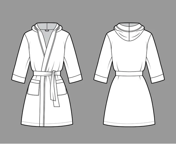 Badjas capuchon Dressing toga technische mode illustratie met wrap opening, mini lengte, stropdas, zak, elleboog mouwen — Stockvector