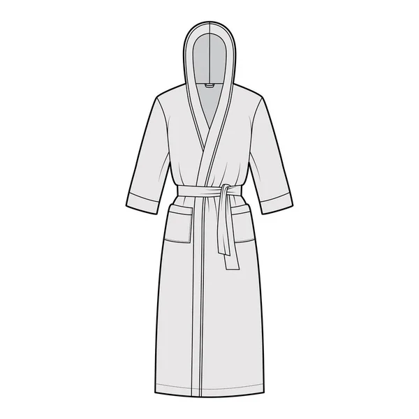 Bathrobes hooded Dressing gown technical fashion illustration with wrap opening, knee length, tie, pocket, elbow sleeves — Stock Vector