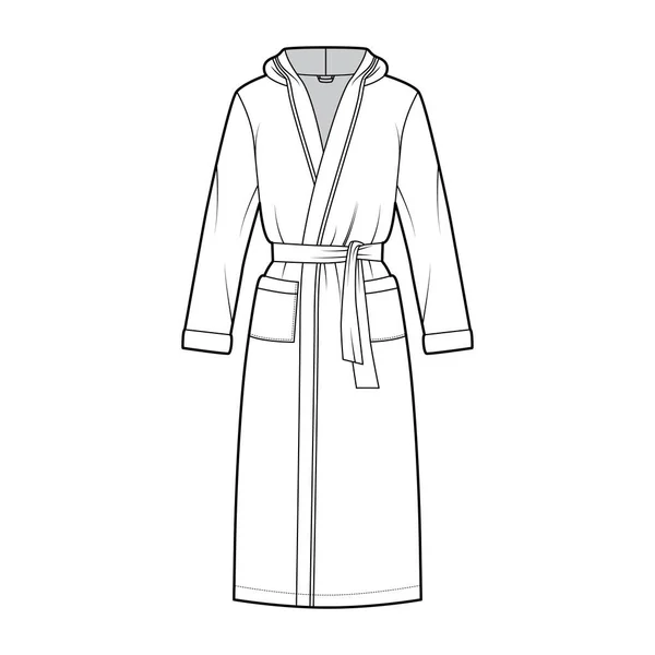 Халаты с капюшоном Платье техническая мода иллюстрация с открытием обертки, длина колена, галстук, карман, рукава локтя — стоковый вектор