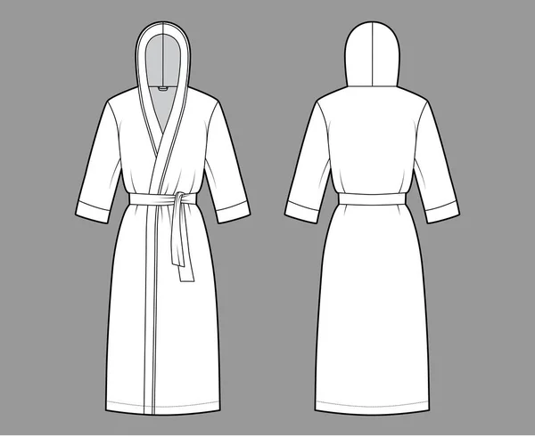 Халати з капюшоном Сукня технічна модна ілюстрація з відкриттям обгортки, довжиною коліна, краваткою, кишені, рукавами для ліктів — стоковий вектор