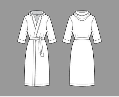 Bornozlar kapüşonlu teknik moda illüstrasyonlu. Diz boyu, kravat, cep, dirsek kollu.