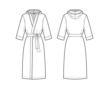 Bornozlar kapüşonlu teknik moda illüstrasyonlu. Diz boyu, kravat, cep, dirsek kollu.