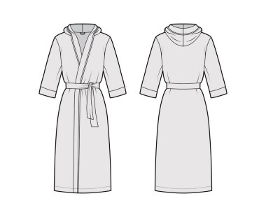 Bornozlar kapüşonlu teknik moda illüstrasyonlu. Diz boyu, kravat, cep, dirsek kollu.