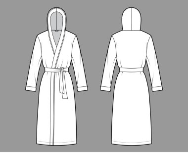 Bornozlar kapüşonlu teknik moda illüstrasyonlu. Diz boyu, kravat, cep, uzun kollu.