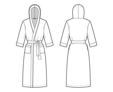 Bornozlar kapüşonlu teknik moda illüstrasyonlu. Diz boyu, kravat, cep, dirsek kollu.