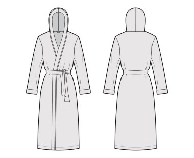Bornozlar kapüşonlu teknik moda illüstrasyonlu. Diz boyu, kravat, cep, uzun kollu.