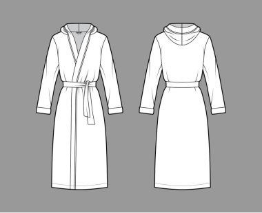 Bornozlar kapüşonlu teknik moda illüstrasyonlu. Diz boyu, kravat, cep, uzun kollu.