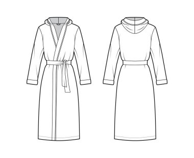 Bornozlar kapüşonlu teknik moda illüstrasyonlu. Diz boyu, kravat, cep, uzun kollu.