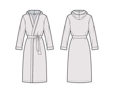 Bornozlar kapüşonlu teknik moda illüstrasyonlu. Diz boyu, kravat, cep, uzun kollu.