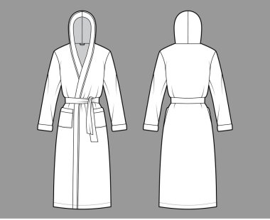 Bornozlar kapüşonlu teknik moda illüstrasyonlu. Diz boyu, kravat, cep, dirsek kollu.