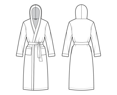 Bornozlar kapüşonlu teknik moda illüstrasyonlu. Diz boyu, kravat, cep, dirsek kollu.