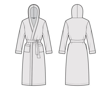 Bornozlar kapüşonlu teknik moda illüstrasyonlu. Diz boyu, kravat, cep, dirsek kollu.