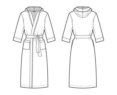 Bornozlar kapüşonlu teknik moda illüstrasyonlu. Diz boyu, kravat, cep, dirsek kollu.