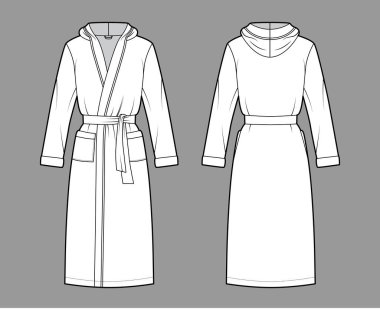 Bornozlar kapüşonlu teknik moda illüstrasyonlu. Diz boyu, kravat, cep, dirsek kollu.