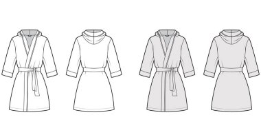 Bornoz kapüşonlu Gecelik Teknik moda tasviri Açılışı, mini boy, kravat, cep, dirsek kolları