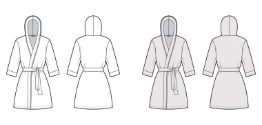 Bornoz kapüşonlu Gecelik Teknik moda tasviri Açılışı, mini boy, kravat, cep, dirsek kolları