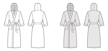 Bornozlar kapüşonlu teknik moda illüstrasyonlu. Diz boyu, kravat, cep, dirsek kollu.