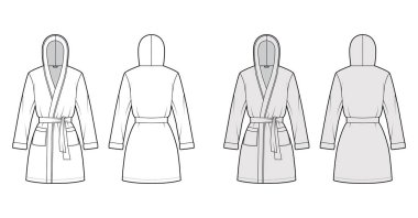 Kapüşonlu Bornoz Giyinme Teknik Moda Çizimi Açılışı, mini boy, büyük boy, kravat, uzun kollu