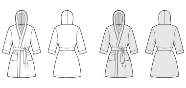 Bornoz kapüşonlu Gecelik Teknik moda tasviri Açılışı, mini boy, kravat, cep, dirsek kolları