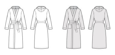 Bornozlar kapüşonlu teknik moda illüstrasyonlu. Diz boyu, kravat, cep, dirsek kollu.