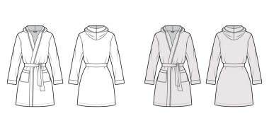 Kapüşonlu Bornoz Giyinme Teknik Moda Çizimi Açılışı, mini boy, büyük boy, kravat, uzun kollu