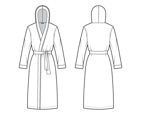 Albornoces con capucha Vestido de vestir ilustración técnica de moda con apertura de envoltura, longitud de rodilla, corbata, bolsillo, mangas largas — Vector de stock