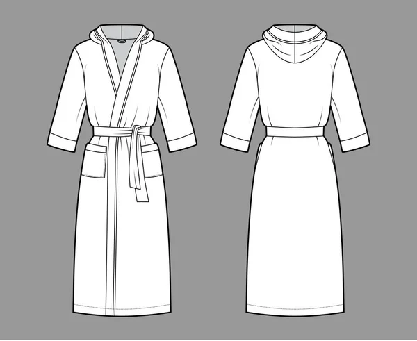 Bathrobes hooded Dressing gown technical fashion illustration with wrap opening, knee length, tie, pocket, elbow sleeves — Stock Vector