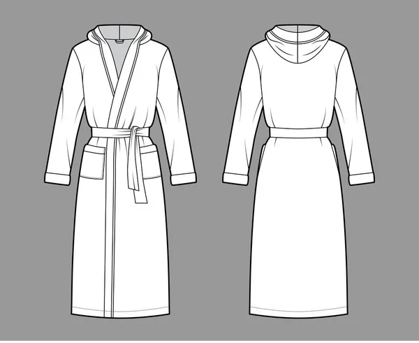 Albornoces con capucha Vestido vestido de moda técnica ilustración con apertura de abrigo, longitud de rodilla, corbata, bolsillo, mangas de codo — Vector de stock