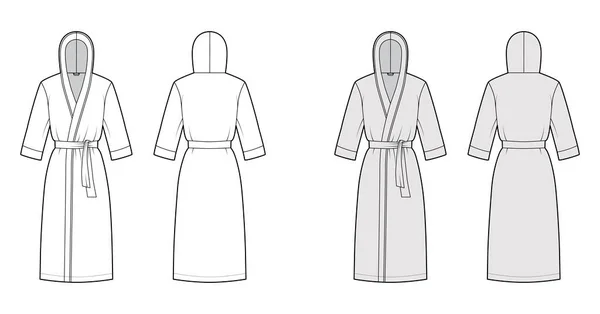 浴袍头罩礼服技术时尚图解与包装开口，膝盖长度，领带，口袋，肘袖 — 图库矢量图片