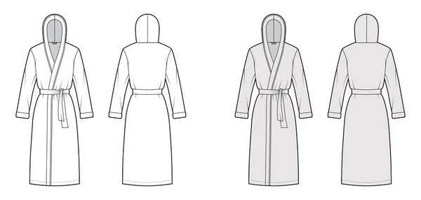 Халаты с капюшоном Платье техническая мода иллюстрация с открытием обертки, длина колена, галстук, карман, длинные рукава — стоковый вектор