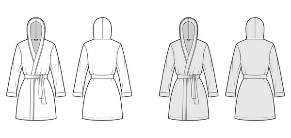 Халат с капюшоном Платье Халат Техническая мода иллюстрация с открытием упаковки, мини-длина, негабариты, галстук, длинные рукава — стоковый вектор