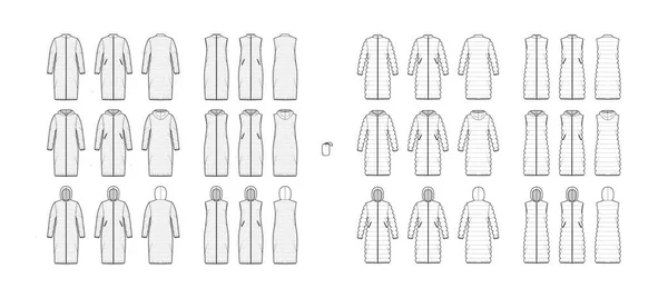 Комплект пуховых жилетов пальто пуховик жилет техническая иллюстрация моды с мешком, молния-Up, свободная посадка, классическое одеяло — стоковый вектор