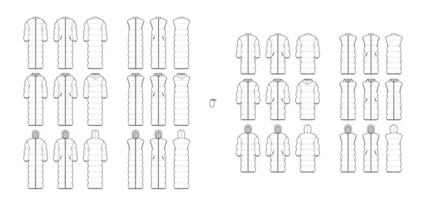 Комплект жилетов пуховик жилет жилет техническая иллюстрация моды с мешком, воротник с капюшоном, широкое одеяло — стоковый вектор