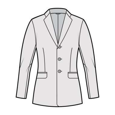 Blazer montlu takım elbise, tek göğüslü, yakalı yaka yakalı, flep cebine monte edilmiş teknik moda çizimi.