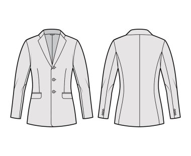 Blazer montlu takım elbise, tek göğüslü, yakalı yaka yakalı, flep cebine monte edilmiş teknik moda çizimi.