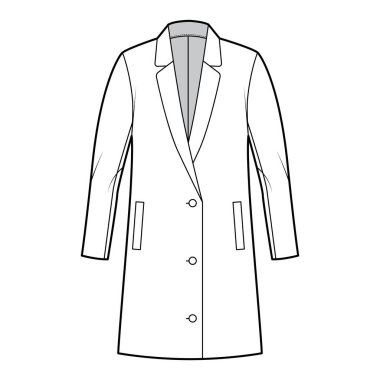 Büyük beden Blazer ceket tek göğüslü, uzun kollu, yakalı yakalı, teknik moda illüstrasyonu.