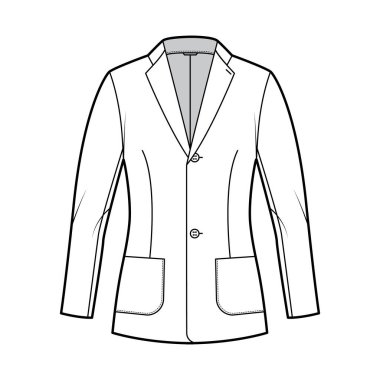 Blazer montu tek göğüslü, uzun kollu, çentik yakalı, yama cepli teknik moda çizimi.