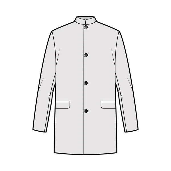 Nehru σακάκι τεχνική απεικόνιση μόδας με oversized, stand collar, τσέπες πτερύγιο, oversized, μακριά μανίκια παλτό — Διανυσματικό Αρχείο