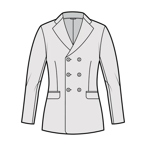 Fitted jacket suit technical fashion illustration with double breasted, notched lapel collar, flap pockets, hip length — Stock Vector