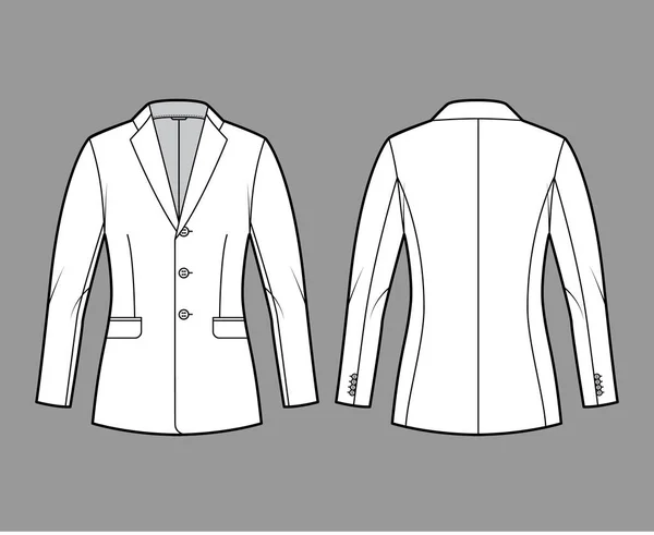 Blazer traje chaqueta ajustada ilustración técnica de moda con un solo pecho, cuello de solapa con muescas, bolsillo con solapa, equipado — Vector de stock