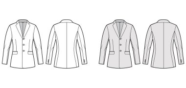 Blazer montlu takım elbise, tek göğüslü, yakalı yaka yakalı, flep cebine monte edilmiş teknik moda çizimi.