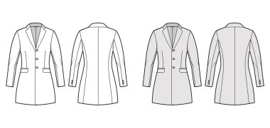 Ceket üzerine monte edilmiş takım elbise, tek göğüslü, uzun kollu, deri cepli teknik moda illüstrasyonu.