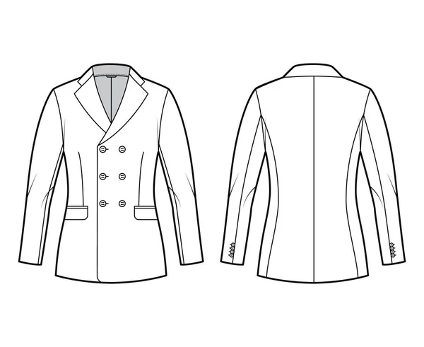 Ilustração de moda técnica de terno de jaqueta equipado com duplo peito, colarinho de lapela entalhado, bolsos de aba, comprimento do quadril —  Vetores de Stock