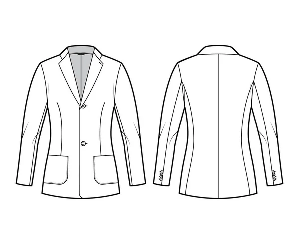 Blazer terno jaqueta técnica moda ilustração com único breasted, manga longa, lapela entalhada, bolsos de patch — Vetor de Stock