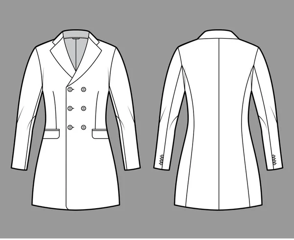 Monterad jacka dubbelknäppt kostym teknisk mode illustration med långa ärmar, hack krage, fingertopp längd — Stock vektor