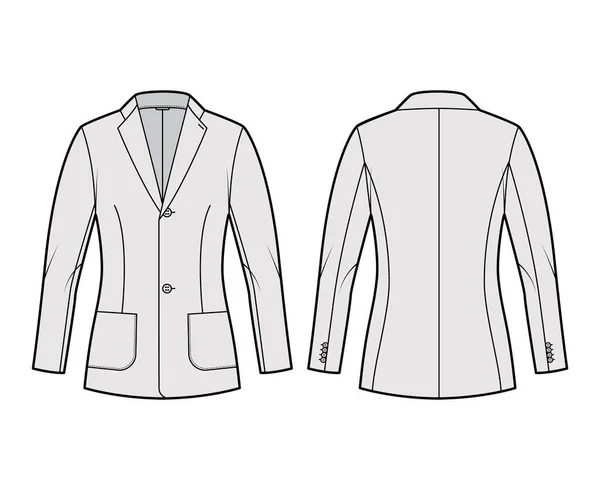 Blazer felszerelt kabát ruha technikai divat illusztráció egy mellű, hosszú ujjú, rovátkolt hajtóka, patch zsebek — Stock Vector