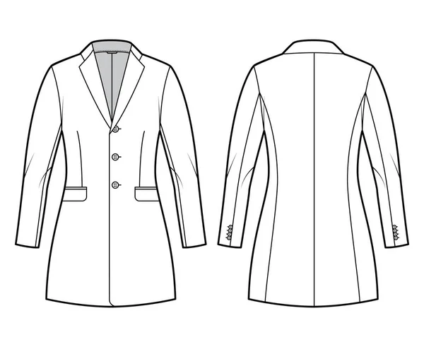 夹克衫配上Blazer结构合理的西服技术时尚图例，带有单个胸式长袖，皮瓣口袋 — 图库矢量图片